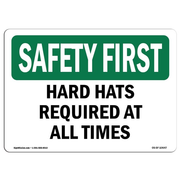 Signmission OSHA Sign, Hard Hats Required All Times, 10in X 7in Rigid Plastic, 10" W, 7" H, Landscape OS-SF-P-710-L-10647 - main